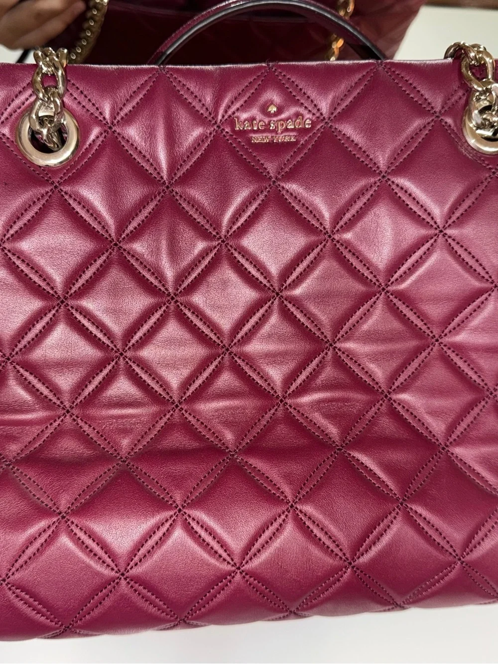 kate spade Quilted Leather Tote in Deep Wine with Gold Hardware